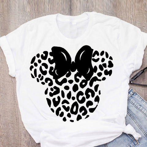 Women's T-shirt cartoon leopard bow T-shirt short sleeve