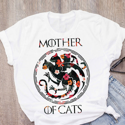 Women Cat Mother Flower Floral Pet Short Sleeve Fashion Print