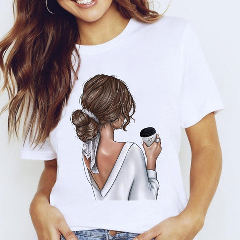 Women Graphic Coffee Sweet Girl Cartoon  Short Sleeve Spring Summer