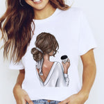 Women Graphic Coffee Sweet Girl Cartoon  Short Sleeve Spring Summer