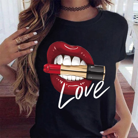 Women Tops O-neck Sexy Black Tees Kiss Lip