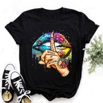 Women Tops O-neck Sexy Black Tees Kiss Lip