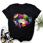 Women Tops O-neck Sexy Black Tees Kiss Lip
