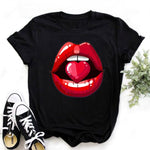 Women Tops O-neck Sexy Black Tees Kiss Lip