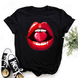 Women Tops O-neck Sexy Black Tees Kiss Lip