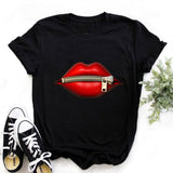 Women Tops O-neck Sexy Black Tees Kiss Lip