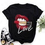 Women Tops O-neck Sexy Black Tees Kiss Lip