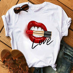 Women Tops O-neck Sexy Black Tees Kiss Lip