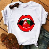 Women Tops O-neck Sexy Black Tees Kiss Lip