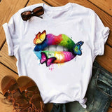 Women Tops O-neck Sexy Black Tees Kiss Lip
