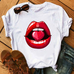 Women Tops O-neck Sexy Black Tees Kiss Lip