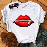Women Tops O-neck Sexy Black Tees Kiss Lip