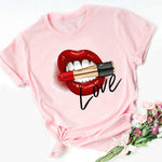 Women Tops O-neck Sexy Black Tees Kiss Lip
