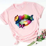 Women Tops O-neck Sexy Black Tees Kiss Lip