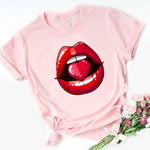 Women Tops O-neck Sexy Black Tees Kiss Lip