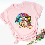 Women Tops O-neck Sexy Black Tees Kiss Lip