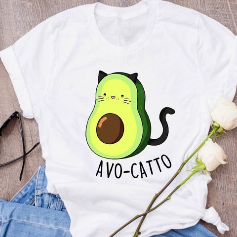 Women Graphic Avocado Cat Printing Cartoon Fruit Clothes Floral