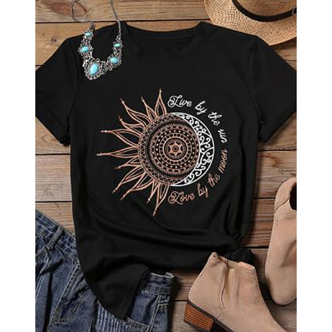 women casual fashion t-shirt letter sun moon