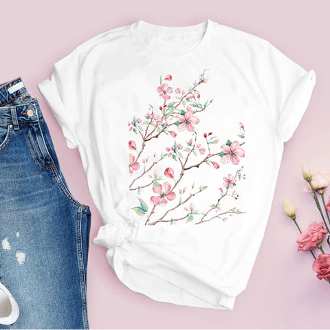 Women Graphic Flower Floral  Fashion Casual Cute 90s Style Vintage