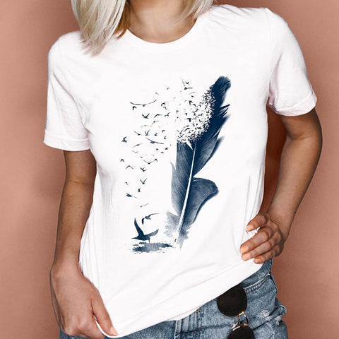 Women Graphic Feather Printing Fashion 90s Cute Watercolor