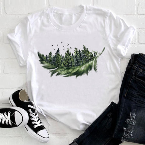 Women 2021 Feather Bird Short Sleeve Printing Spring Fashion