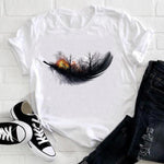 Women 2021 Feather Bird Short Sleeve Printing Spring Fashion
