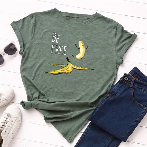 Summer Women's Cotton T-shirt Fruit Banana Print Tops Short